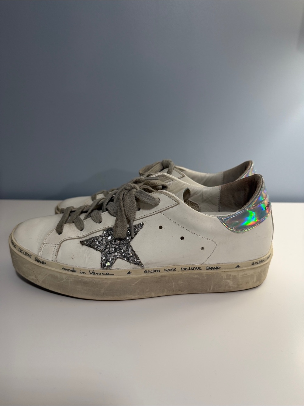 Golden Goose White Leather Hi Star Sneaker with Silver Glitter Star 38 - Picture 5 of 15